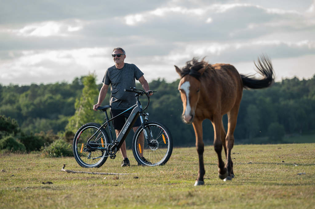 a man stands near the horse and holds on to his electric mountain bike with derailleur gears