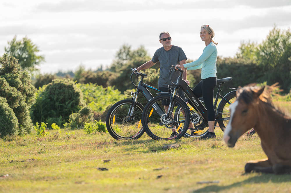 a man is chatting with a woman besides their lightweight electric bikes on the grassland