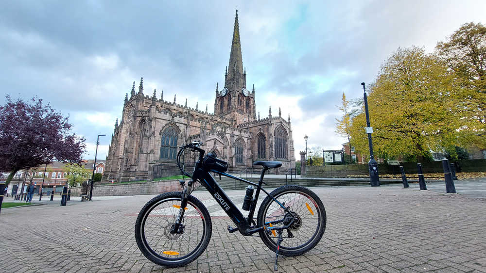 e-bike on the plaza in front of the church